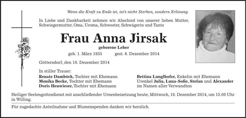 Traueranzeige Anna Jirsak