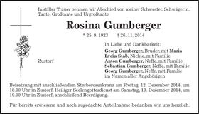 Traueranzeige Rosina Gumberger