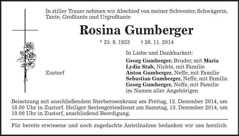 Traueranzeige Rosina Gumberger