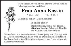 Traueranzeige Anna Kossin