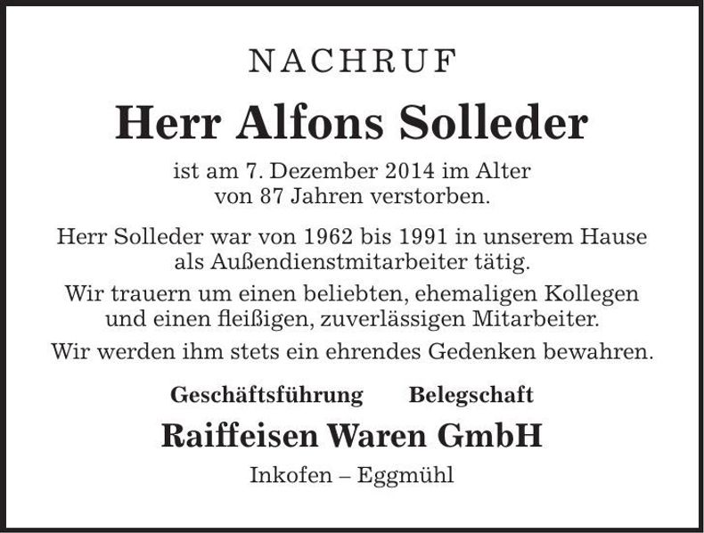 Traueranzeige Alfons Solleder