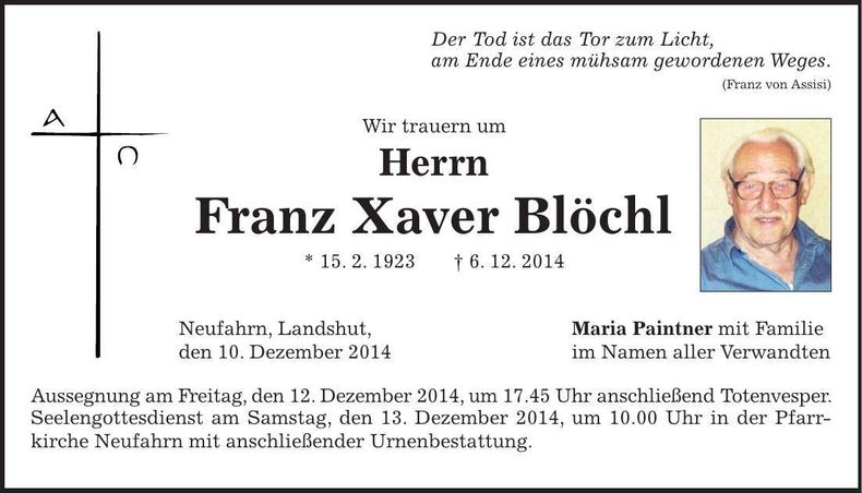 Traueranzeige Franz Xaver Blöchl