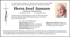Traueranzeige Josef Aumann