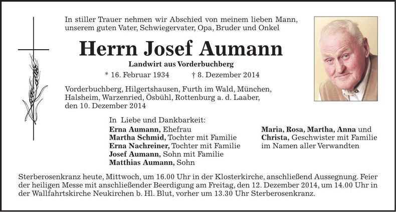 Traueranzeige Josef Aumann