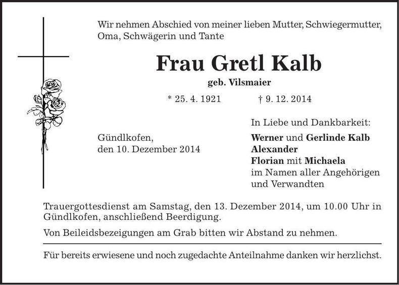 Traueranzeige Gretl Kalb