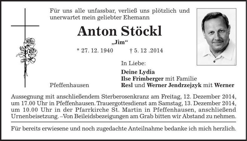 Traueranzeige Anton Stöckl