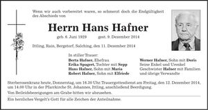 Traueranzeige Hans Hafner