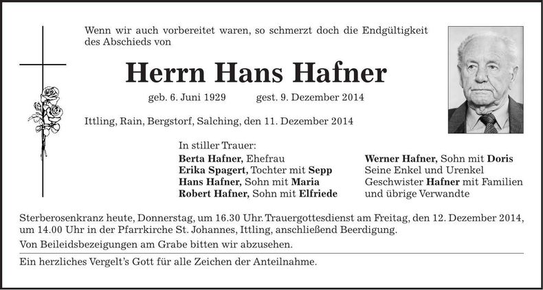 Traueranzeige Hans Hafner