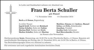 Traueranzeige Berta Schuller