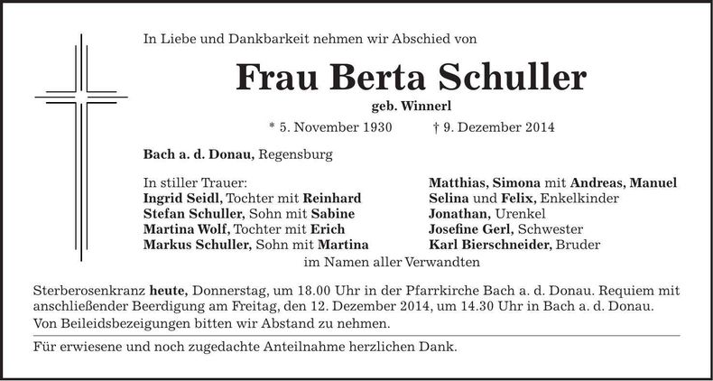 Traueranzeige Berta Schuller