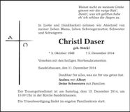 Traueranzeige Christl Daser