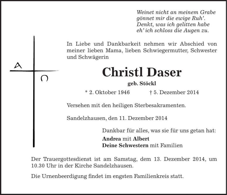 Traueranzeige Christl Daser