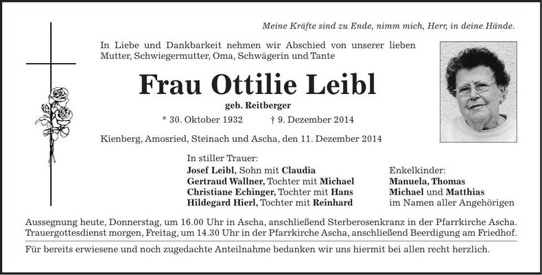 Traueranzeige Ottilie Leibl