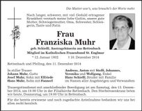 Traueranzeige Franziska Muhr