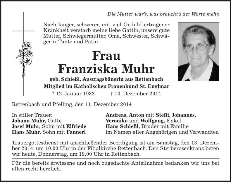 Traueranzeige Franziska Muhr