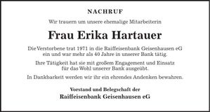 Traueranzeige Erika Hartauer