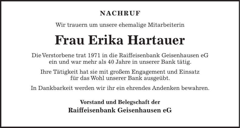 Traueranzeige Erika Hartauer