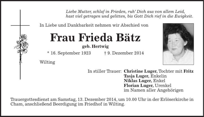 Traueranzeige Frieda Bätz