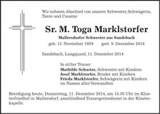 Traueranzeige SR. M. Toga Marklstorfer