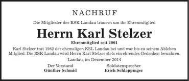Traueranzeige Karl Stelzer