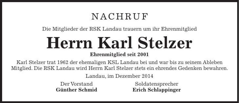 Traueranzeige Karl Stelzer