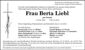 Traueranzeige Berta Liebl