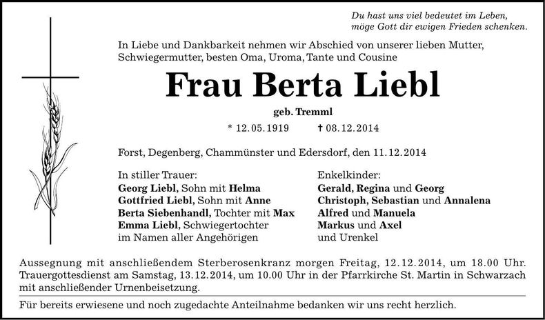 Traueranzeige Berta Liebl