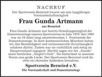 Traueranzeige Gunda Artmann