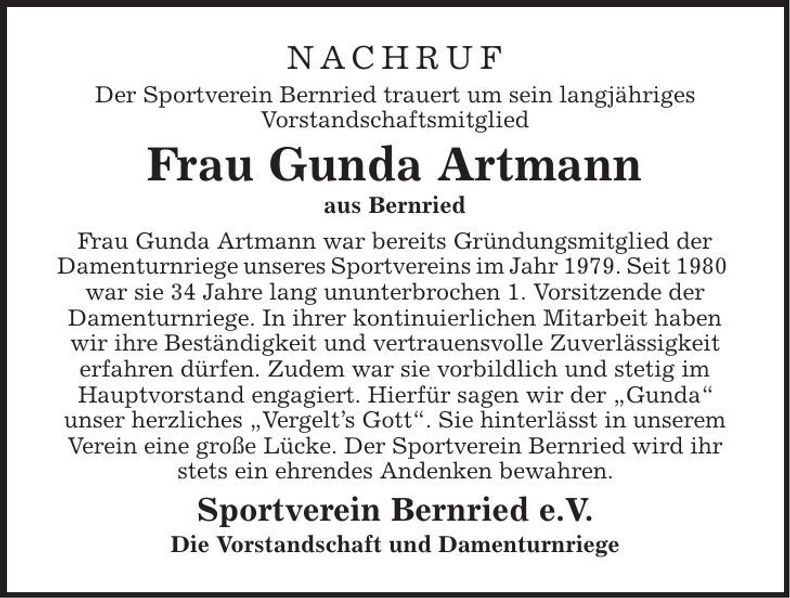 Traueranzeige Gunda Artmann
