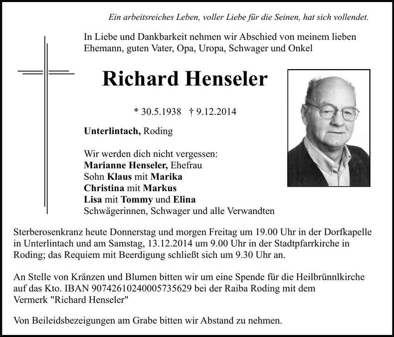 Traueranzeige Richard Henseler