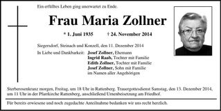 Traueranzeige Maria Zollner