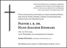 Traueranzeige Hans-Joachim Kosmahl