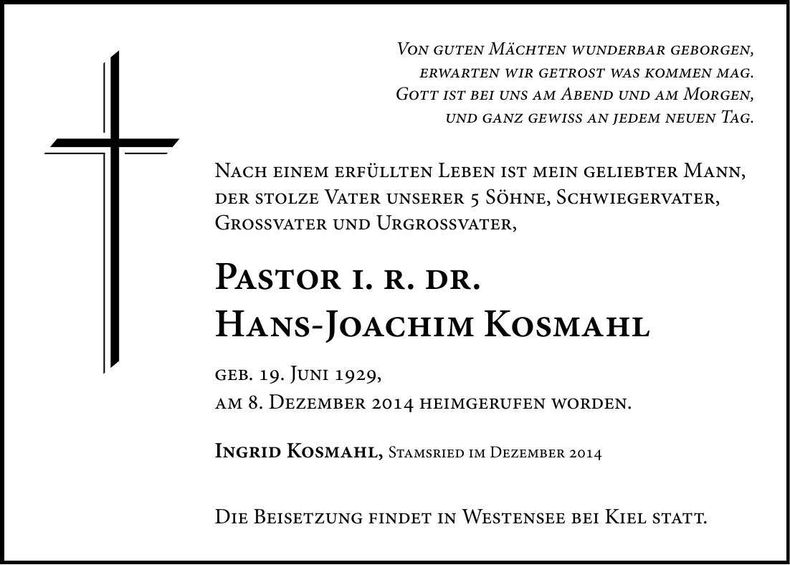 Traueranzeige Hans-Joachim Kosmahl