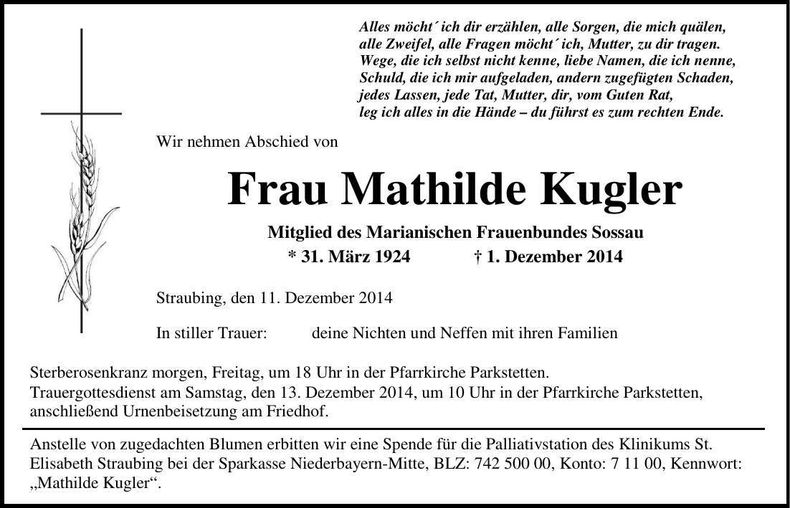 Traueranzeige Mathilde Kugler