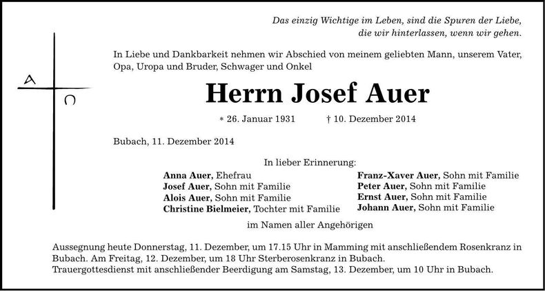 Traueranzeige Josef Auer