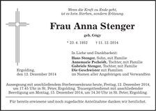 Traueranzeige Anna Stenger