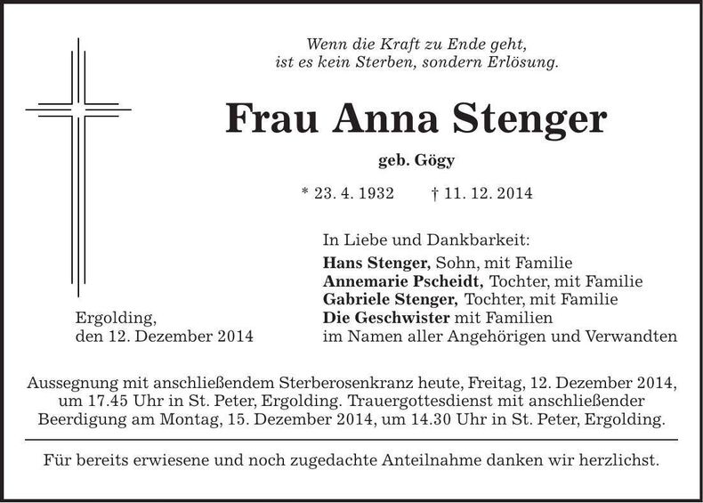 Traueranzeige Anna Stenger