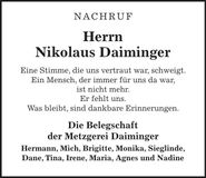 Traueranzeige Nikolaus Daiminger