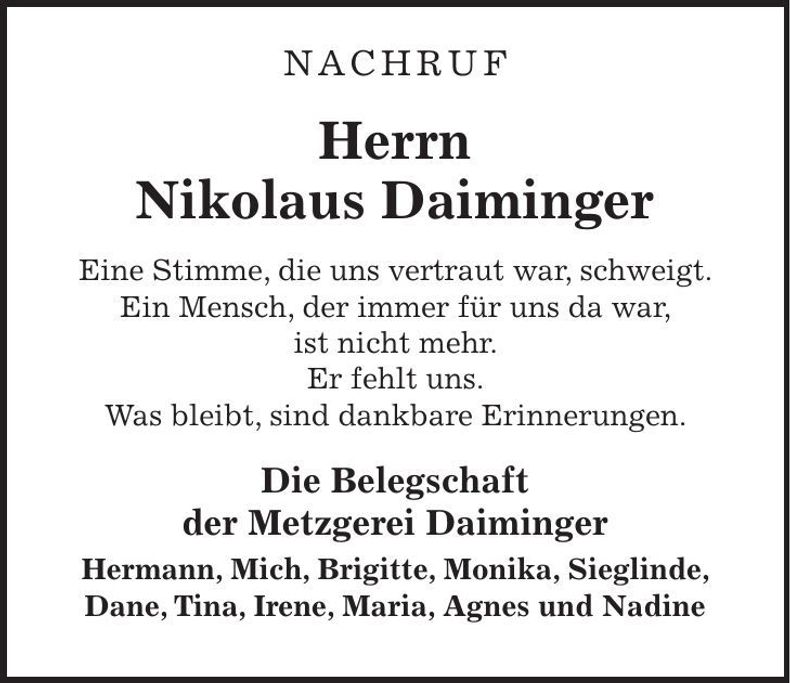 Traueranzeige Nikolaus Daiminger