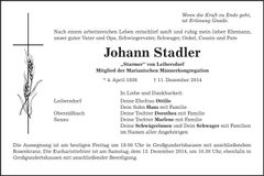 Traueranzeige Johann Stadler