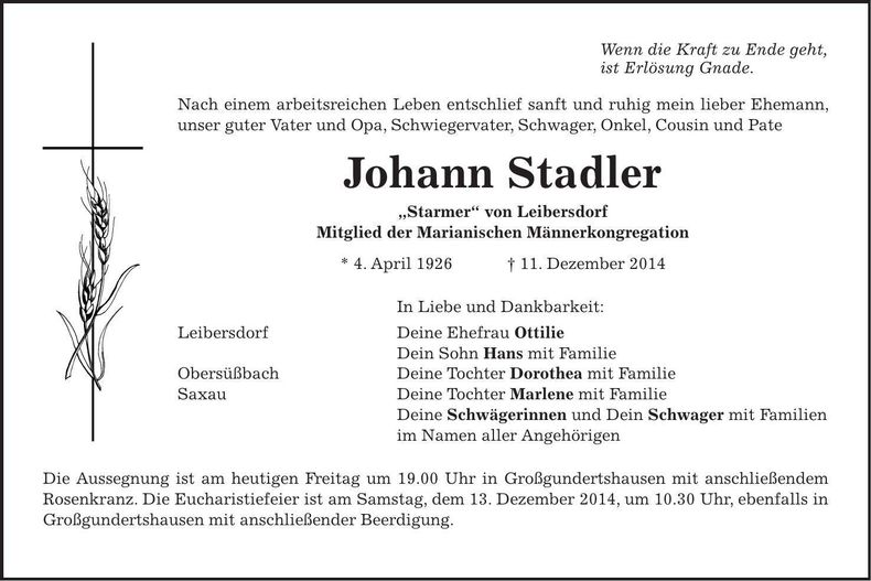 Traueranzeige Johann Stadler