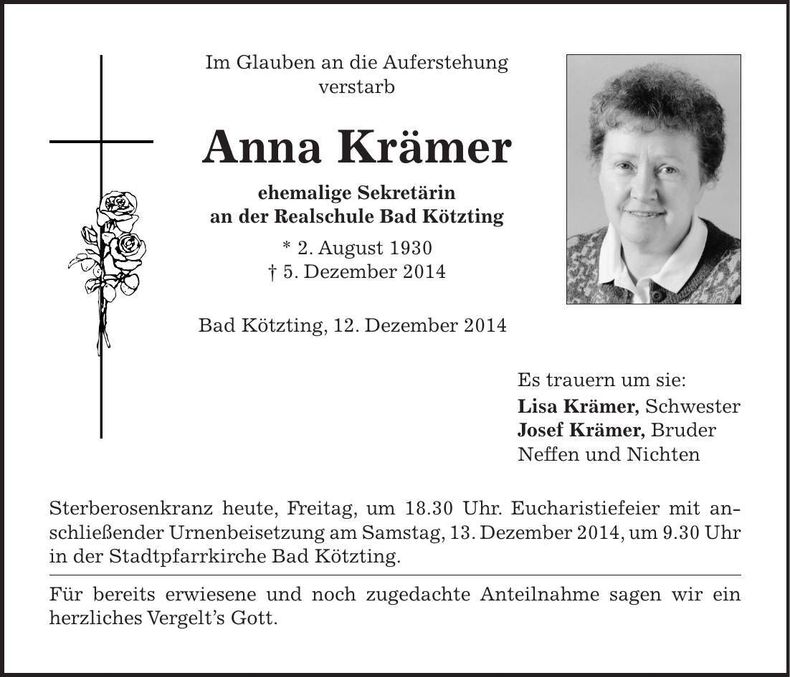 Traueranzeige Anna Krämer