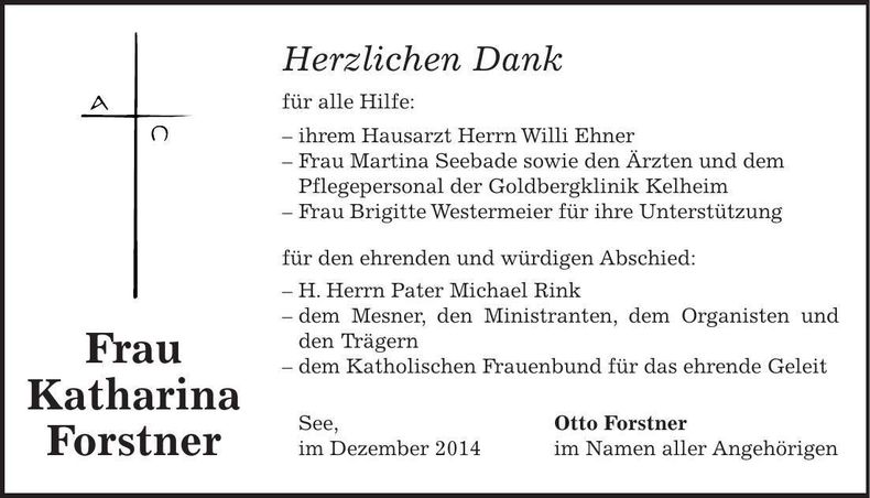 Traueranzeige Katharina Forstner