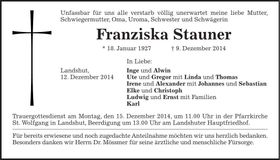 Traueranzeige Franziska Stauner
