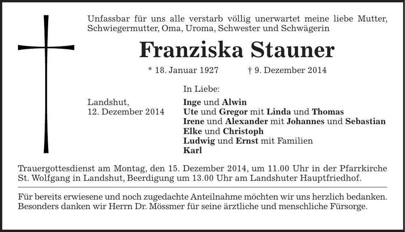 Traueranzeige Franziska Stauner