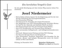 Traueranzeige Josef Niedermeier