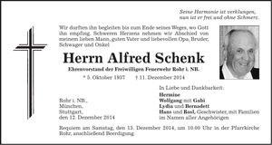 Traueranzeige Alfred Schenk
