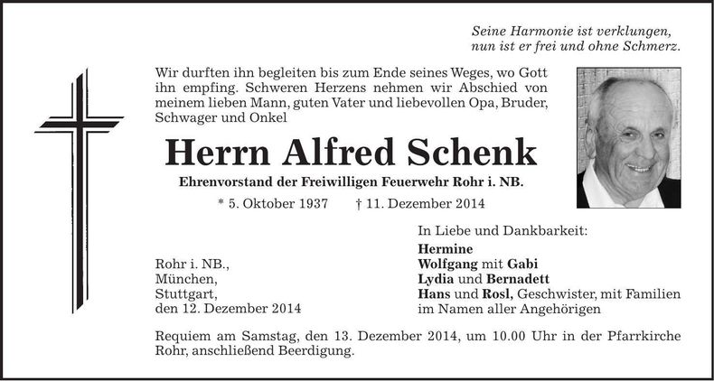 Traueranzeige Alfred Schenk