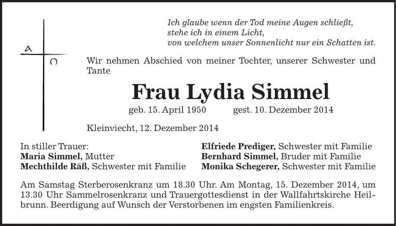 Traueranzeige Lydia Simmel