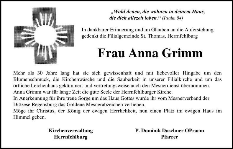 Traueranzeige Anna Grimm